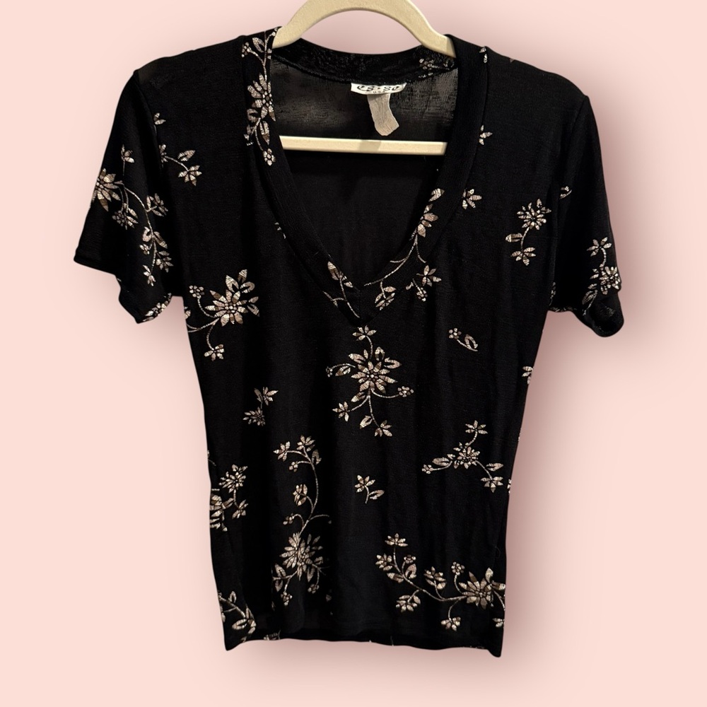 Vintage Sheer Black Floral V-Neck Top Slinky Stretch Tee Y2K